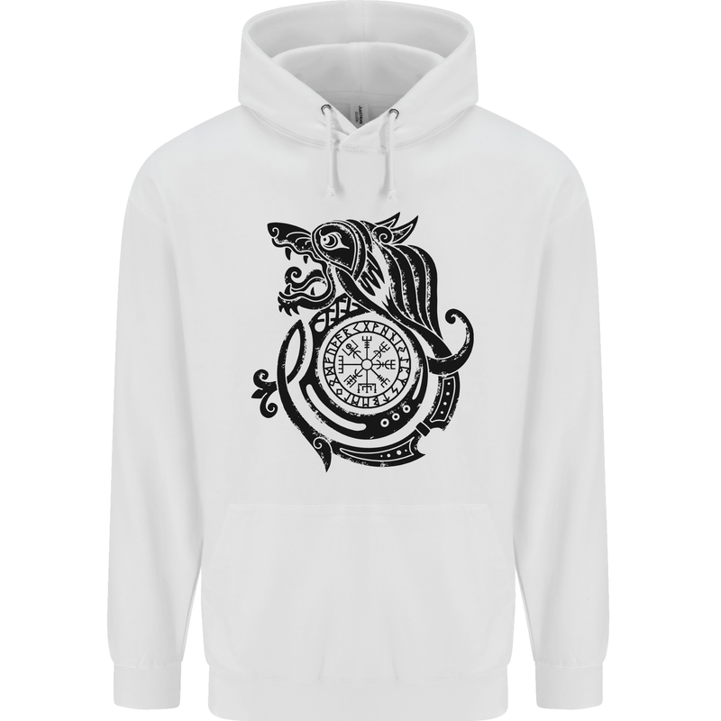 Viking Wolf With Vegvisir Symbol Black Mens 80% Cotton Hoodie White