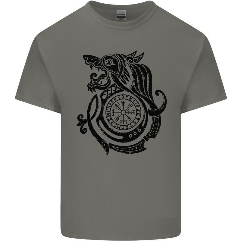 Viking Wolf With Vegvisir Symbol Black Mens Cotton T-Shirt Tee Top Charcoal
