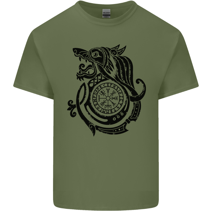 Viking Wolf With Vegvisir Symbol Black Mens Cotton T-Shirt Tee Top Military Green