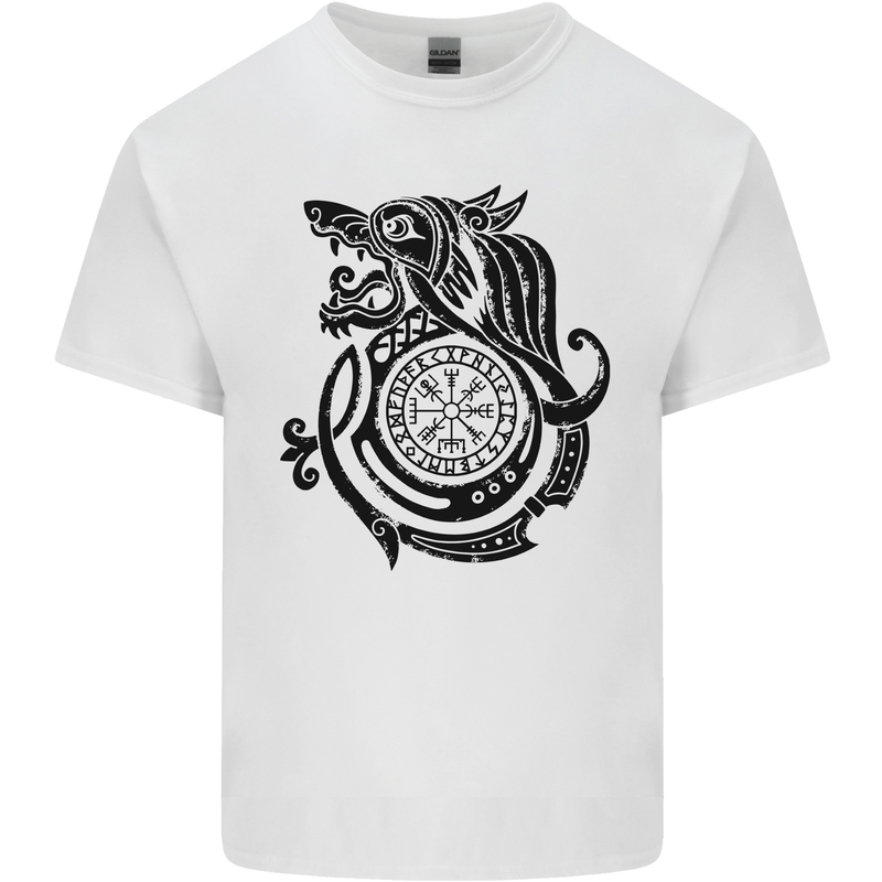 Viking Wolf With Vegvisir Symbol Black Mens Cotton T-Shirt Tee Top White