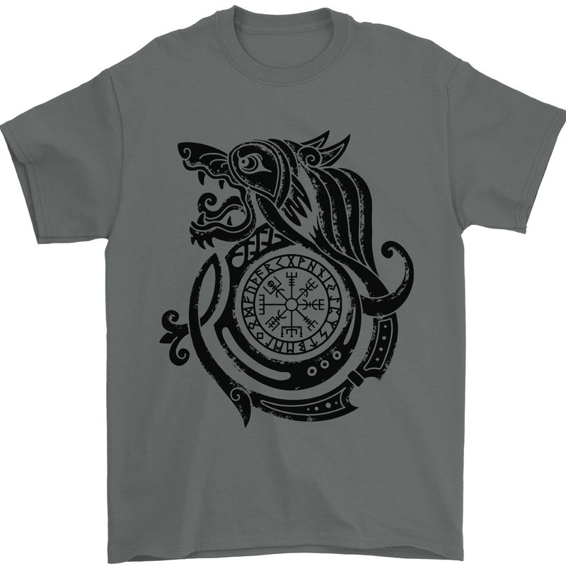 Viking Wolf With Vegvisir Symbol Black Mens T-Shirt 100% Cotton Charcoal
