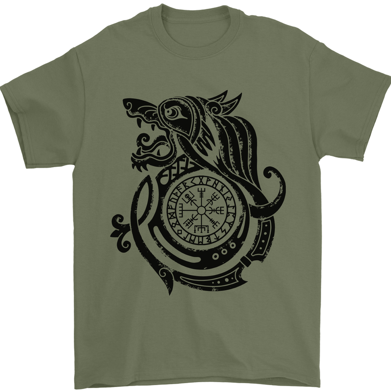 Viking Wolf With Vegvisir Symbol Black Mens T-Shirt 100% Cotton Military Green