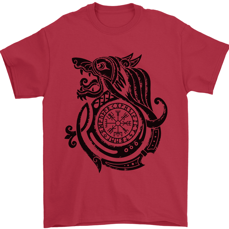 Viking Wolf With Vegvisir Symbol Black Mens T-Shirt 100% Cotton Red