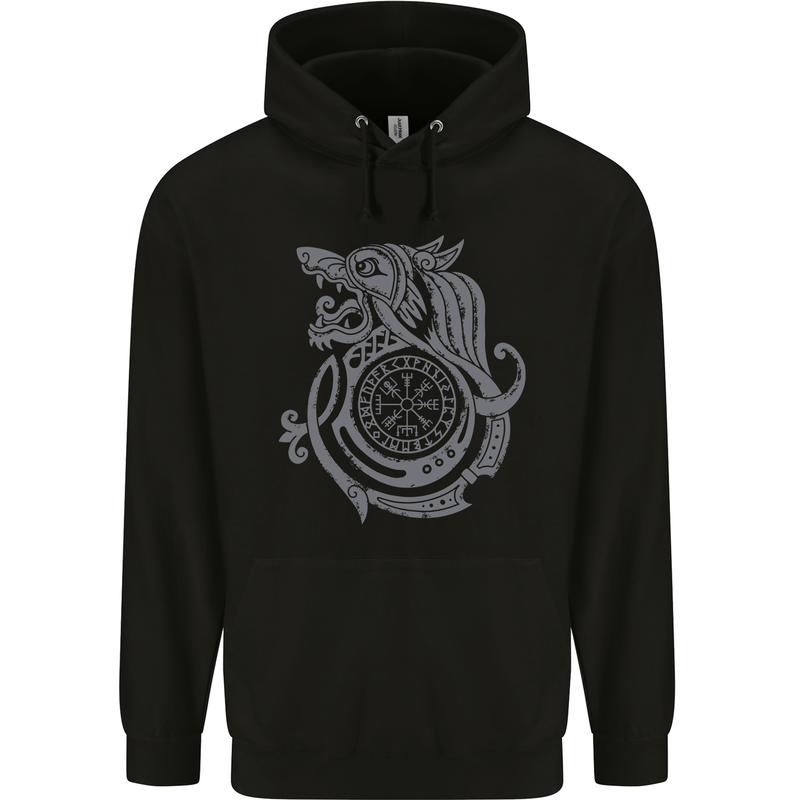 Viking Wolf With Vegvisir Symbol Childrens Kids Hoodie Black