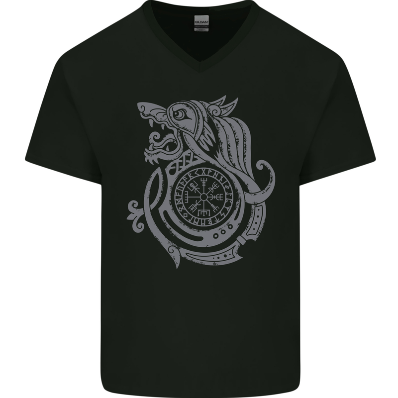 Viking Wolf With Vegvisir Symbol Mens V-Neck Cotton T-Shirt Black