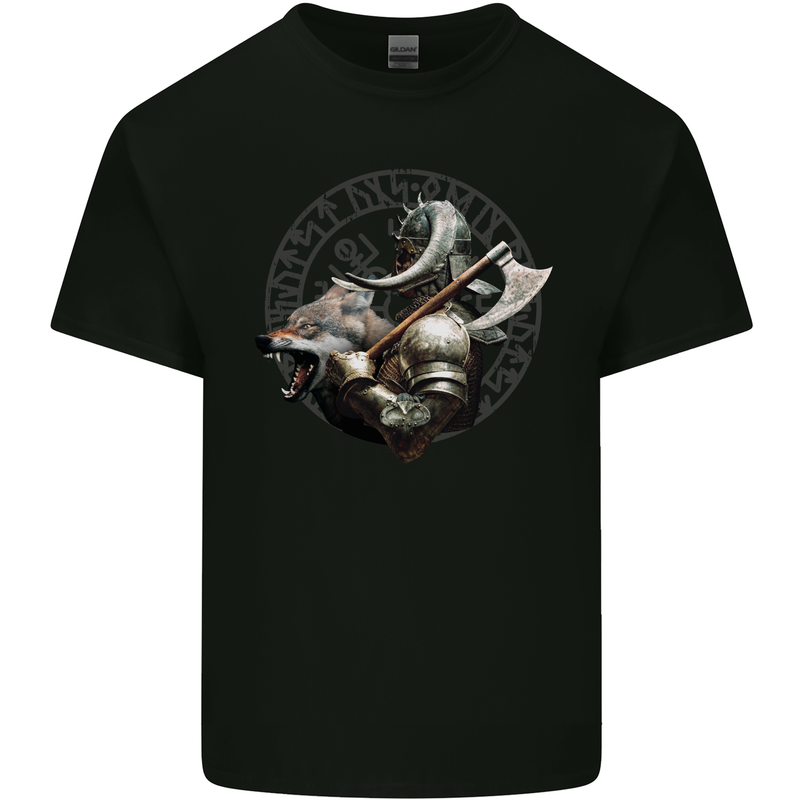 Viking Wolf and Axe With Vegvisir Viking Symbols Mens Cotton T-Shirt Tee Top Black