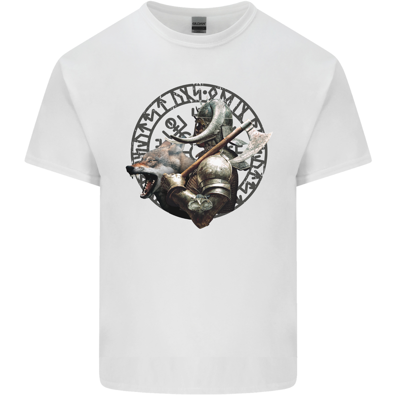 Viking Wolf and Axe With Vegvisir Viking Symbols Mens Cotton T-Shirt Tee Top White