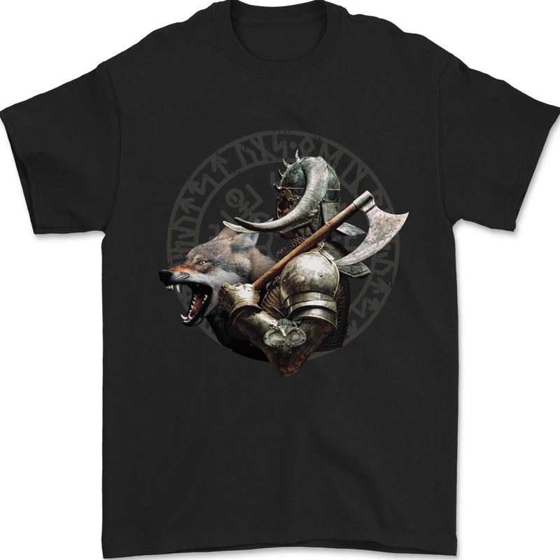Viking Wolf and Axe With Vegvisir Viking Symbols Mens T-Shirt 100% Cotton Black