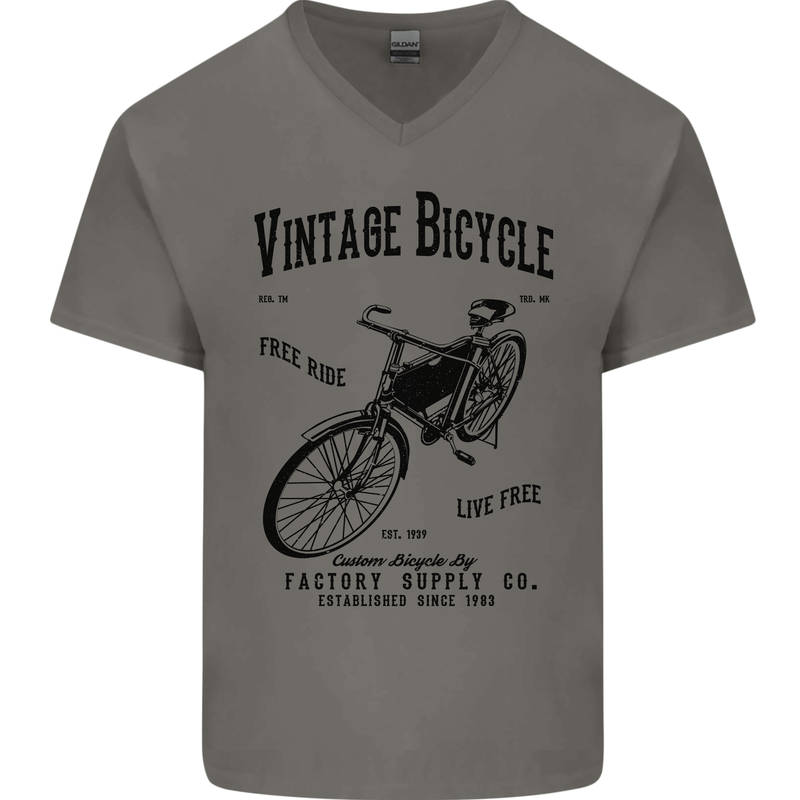 Vintage Bicycle Cycling Cyclist Retro Bike Mens V-Neck Cotton T-Shirt Charcoal