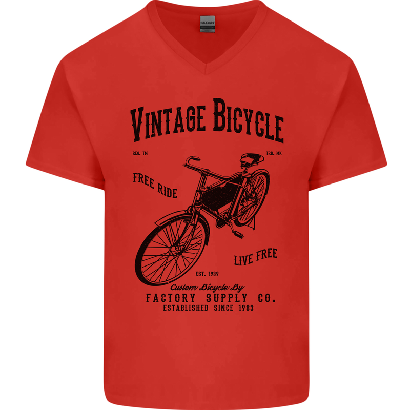 Vintage Bicycle Cycling Cyclist Retro Bike Mens V-Neck Cotton T-Shirt Red