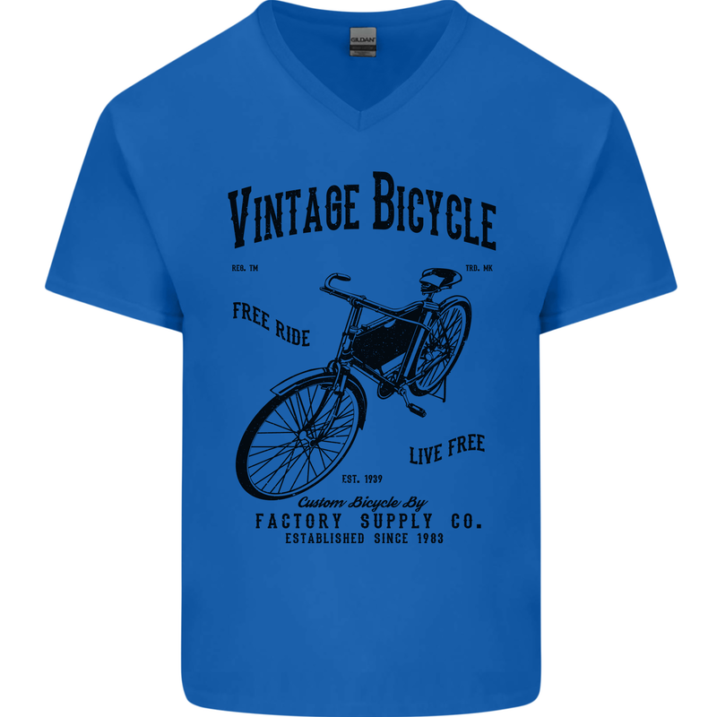 Vintage Bicycle Cycling Cyclist Retro Bike Mens V-Neck Cotton T-Shirt Royal Blue