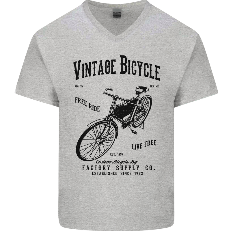 Vintage Bicycle Cycling Cyclist Retro Bike Mens V-Neck Cotton T-Shirt Sports Grey