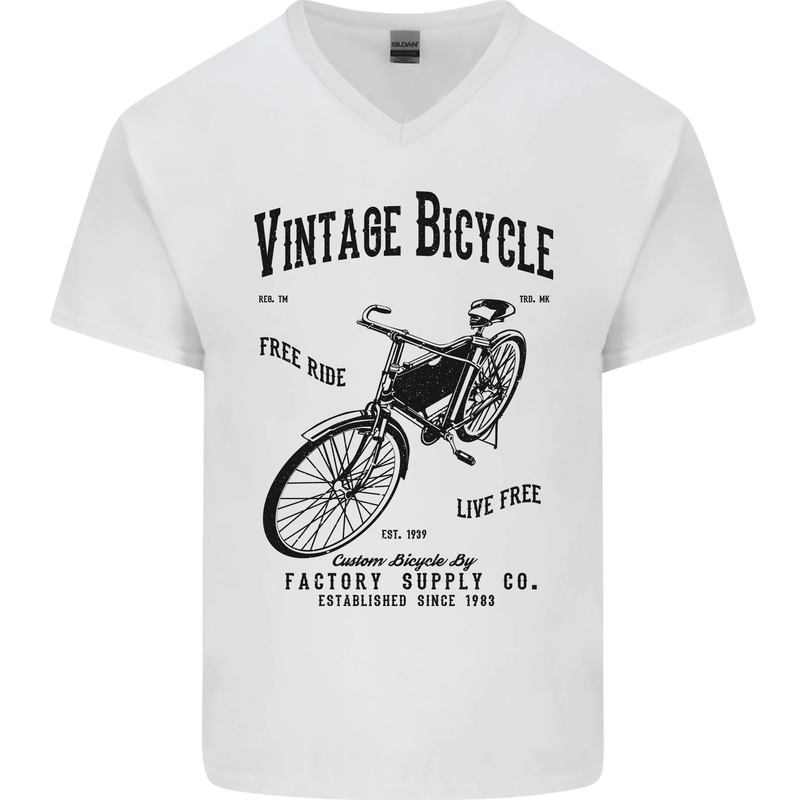 Vintage Bicycle Cycling Cyclist Retro Bike Mens V-Neck Cotton T-Shirt White