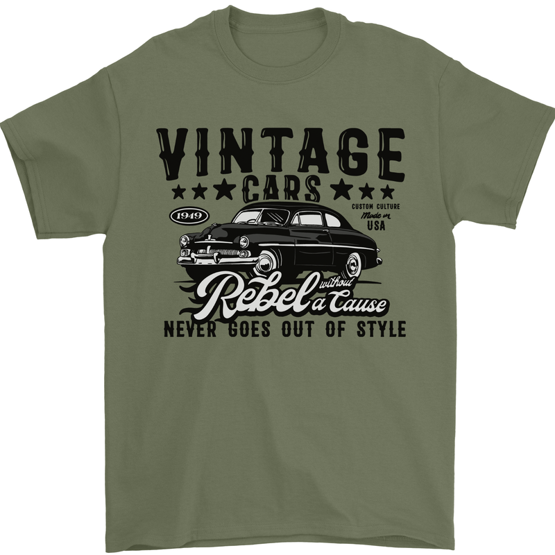 Vintage Cars Rebel Without a Cause USA Mens T-Shirt 100% Cotton Military Green