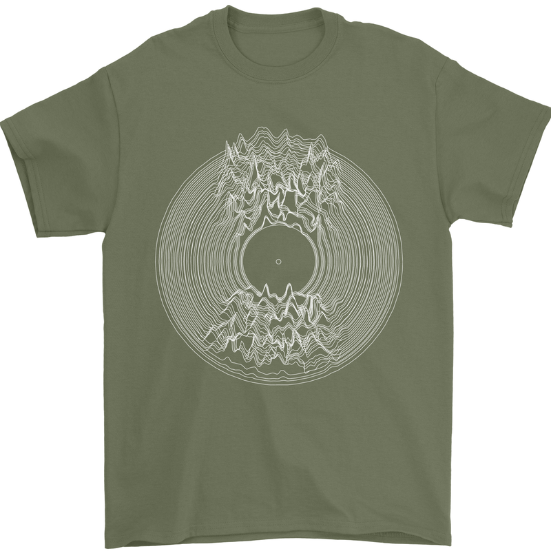 Vinyl Music Sound Waves Turntable DJ Decks Mens T-Shirt 100% Cotton Military Green