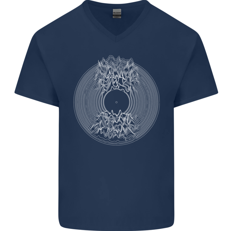 Vinyl Music Sound Waves Turntable DJ Decks Mens V-Neck Cotton T-Shirt Navy Blue