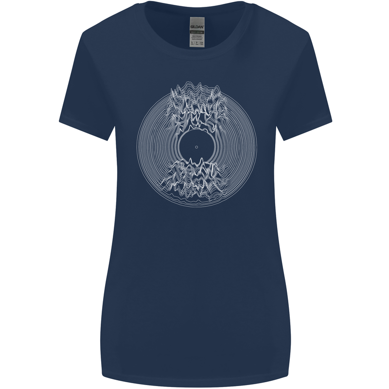 Vinyl Music Sound Waves Turntable DJ Decks Womens Wider Cut T-Shirt Navy Blue