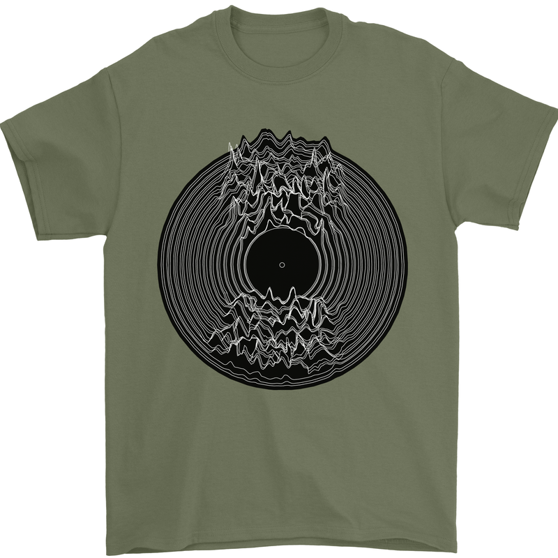 Vinyl Music Sound Waves Turntable Decks DJ Mens T-Shirt 100% Cotton Military Green