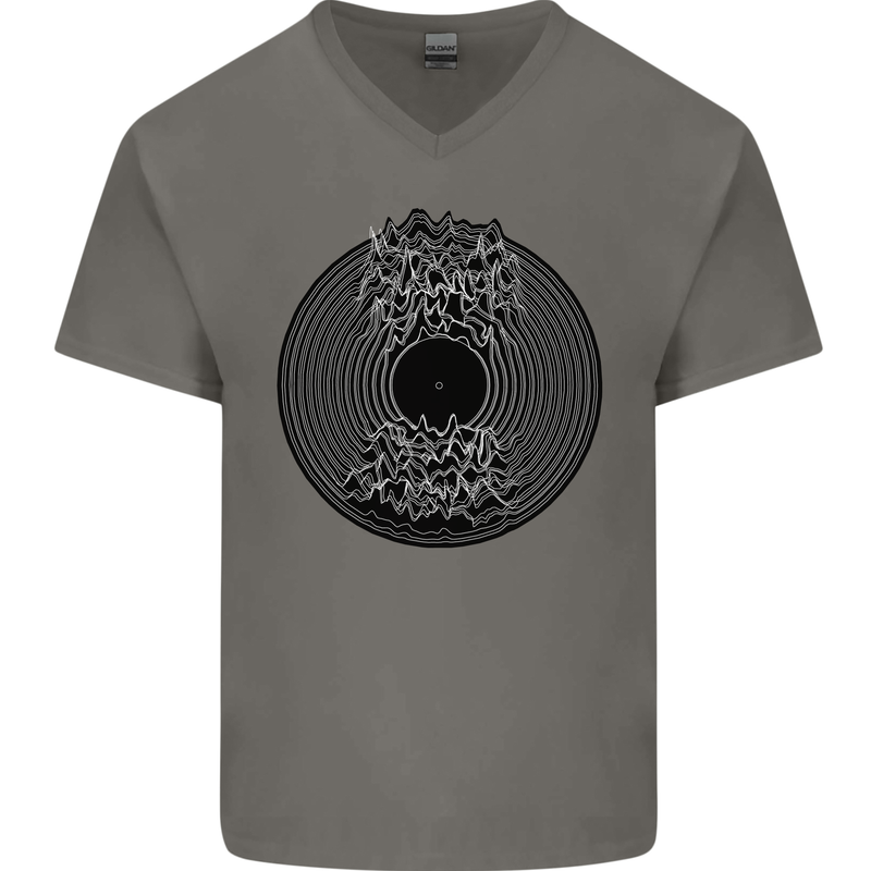 Vinyl Music Sound Waves Turntable Decks DJ Mens V-Neck Cotton T-Shirt Charcoal