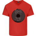 Vinyl Music Sound Waves Turntable Decks DJ Mens V-Neck Cotton T-Shirt Red