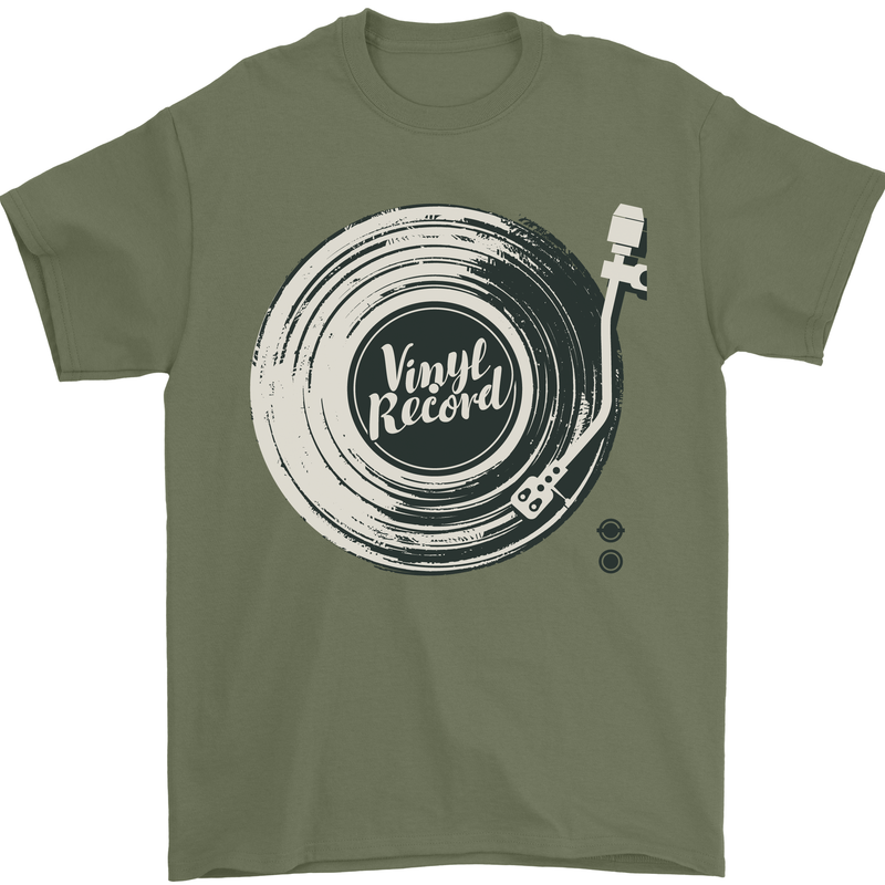 Vinyl Record Music Turntable DJ Mens T-Shirt 100% Cotton Military Green