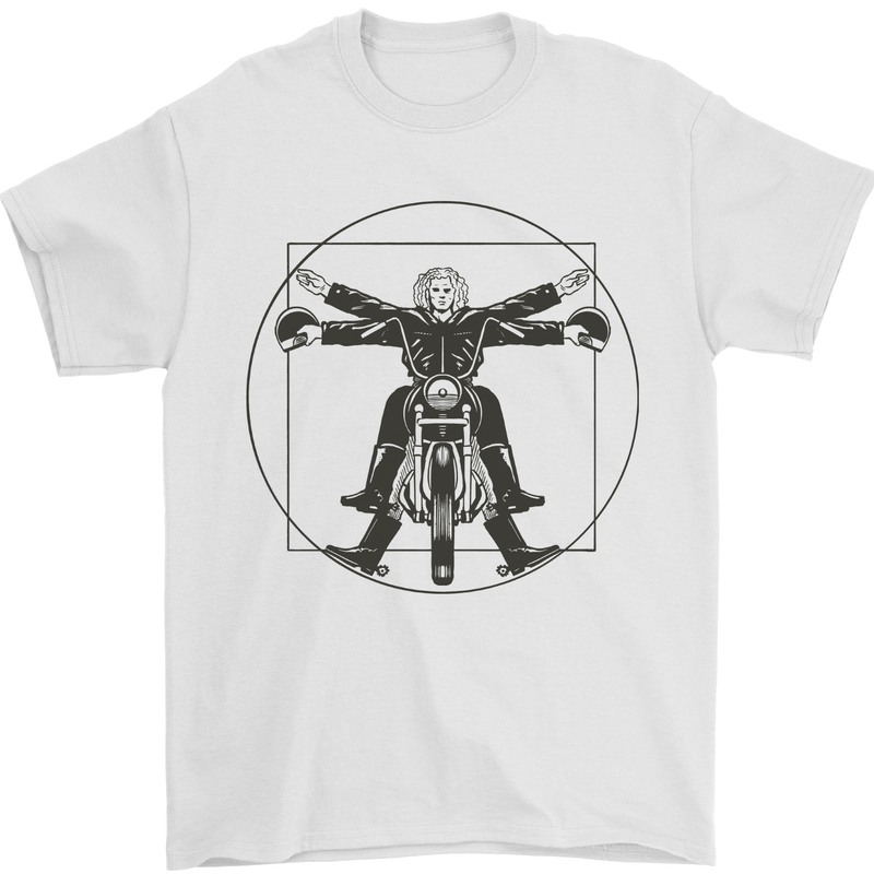 Vitruvian Biker Motorcycle Motorbike Bikie Mens T-Shirt 100% Cotton White