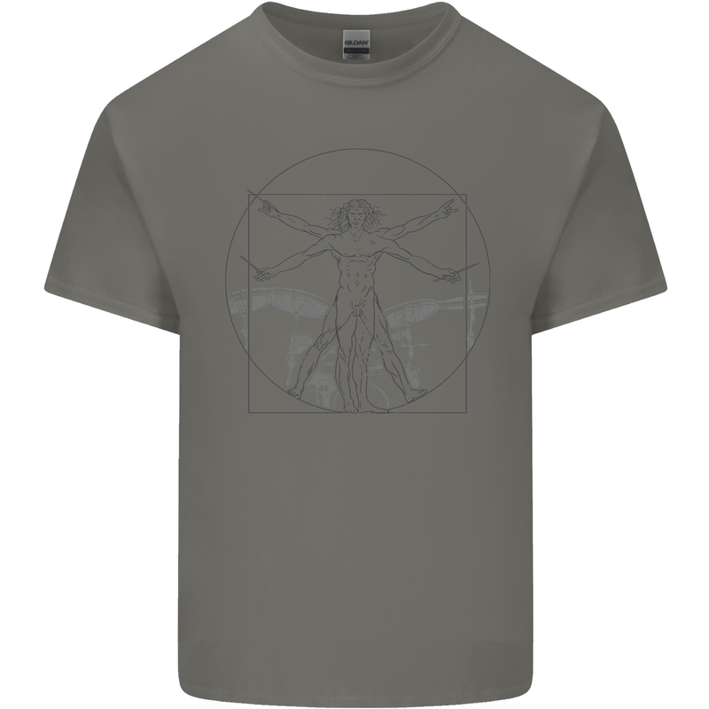 Vitruvian Drummer Drumming Drums Mens Cotton T-Shirt Tee Top Charcoal