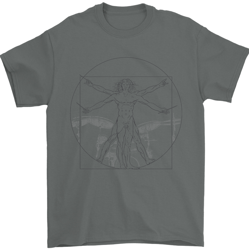 Vitruvian Drummer Drumming Drums Mens T-Shirt 100% Cotton Charcoal