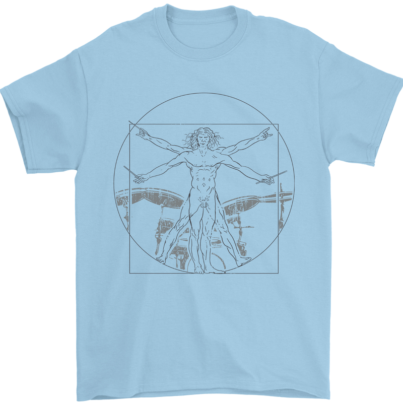 Vitruvian Drummer Drumming Drums Mens T-Shirt 100% Cotton Light Blue