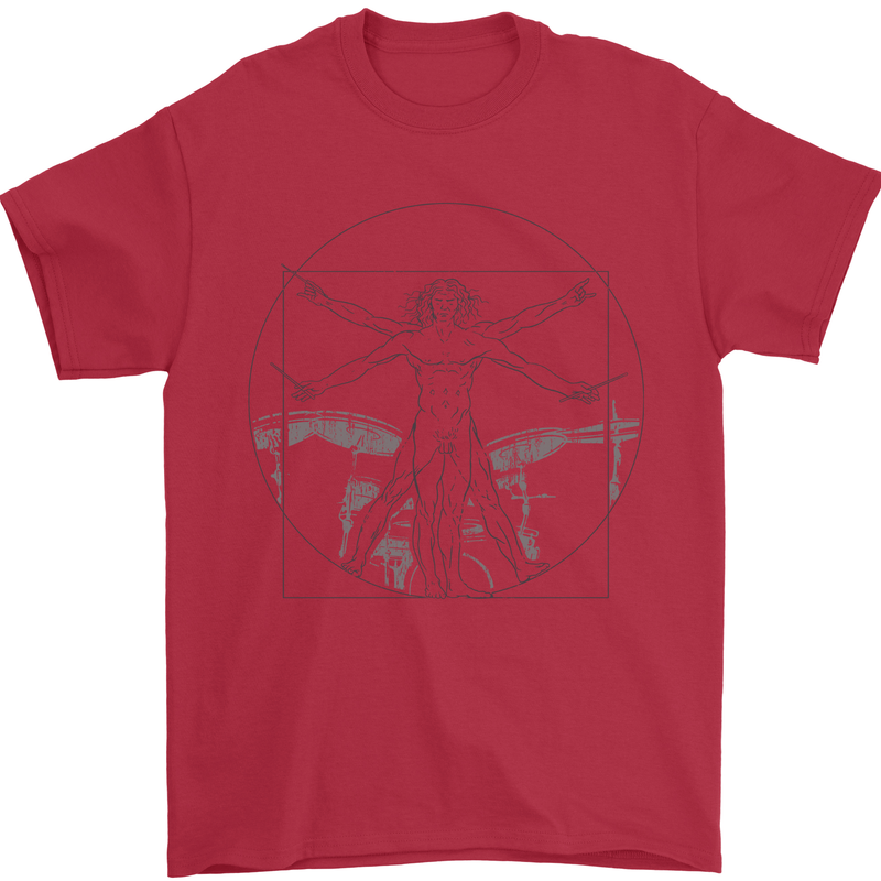 Vitruvian Drummer Drumming Drums Mens T-Shirt 100% Cotton Red
