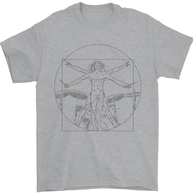 Vitruvian Drummer Drumming Drums Mens T-Shirt 100% Cotton Sports Grey