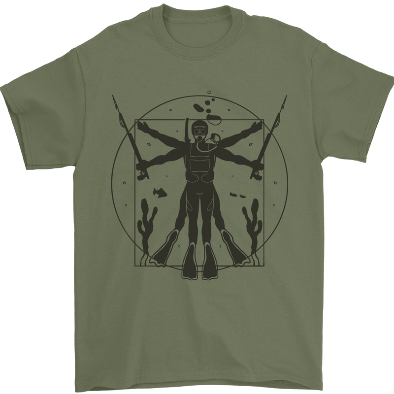 Vitruvian Scuba Diver Diving Mens T-Shirt 100% Cotton Military Green