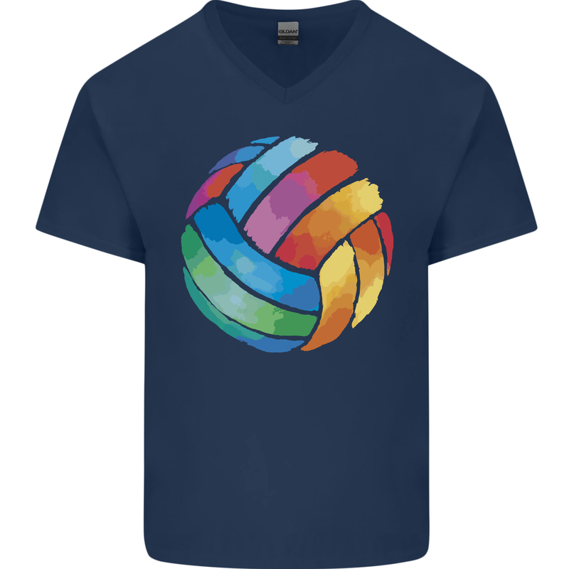 Volleyball Watercolour Mens V-Neck Cotton T-Shirt Navy Blue