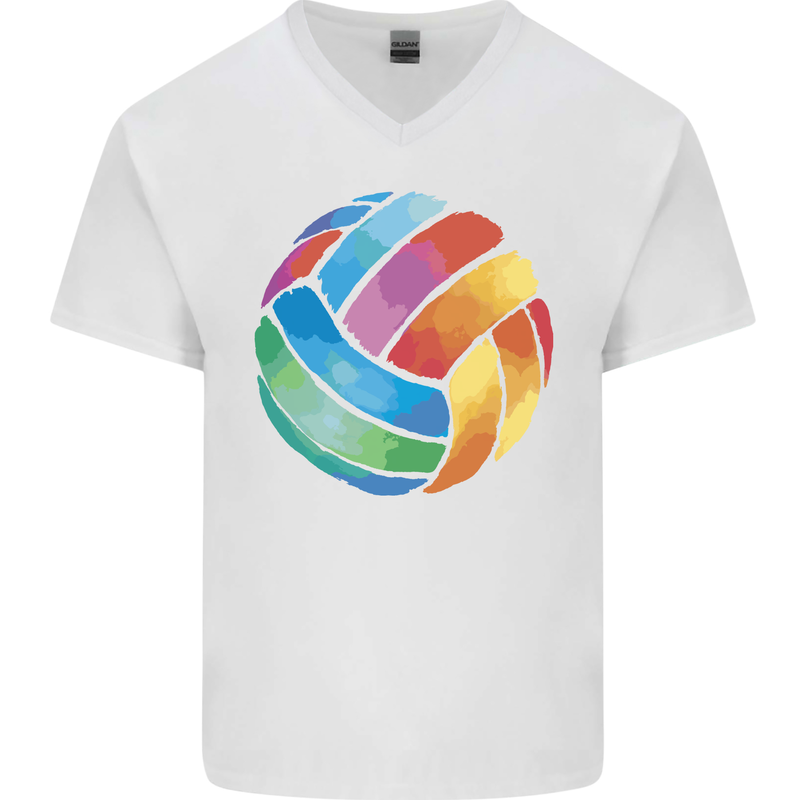 Volleyball Watercolour Mens V-Neck Cotton T-Shirt White