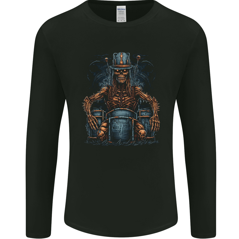 Voodoo Drummer Skull  Drumming Heavy Metal Mens Long Sleeve T-Shirt Black