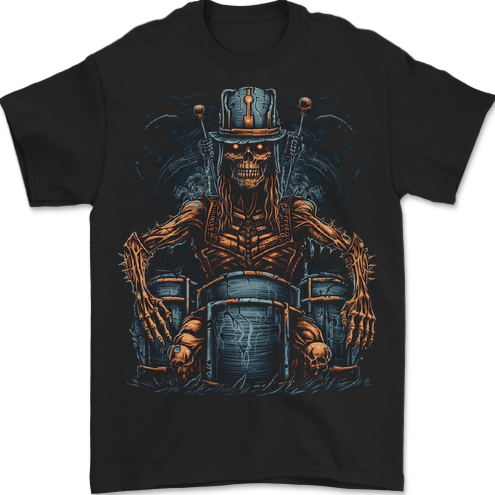 Voodoo Drummer Skull  Drumming Heavy Metal Mens T-Shirt 100% Cotton BLACK