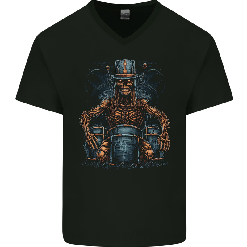 Voodoo Drummer Skull  Drumming Heavy Metal Mens V-Neck Cotton T-Shirt Black