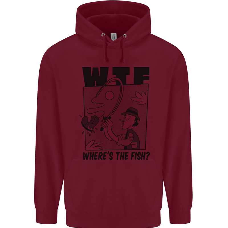 WTF Wheres the Fish Funny Fishing Fisherman Childrens Kids Hoodie Maroon