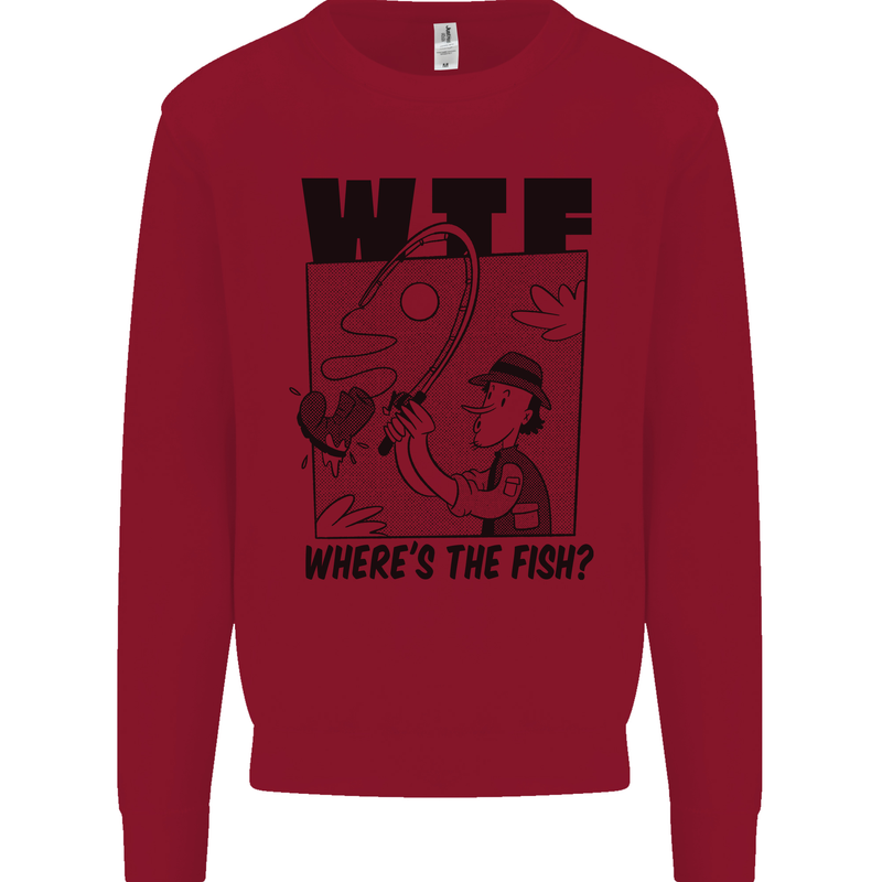 WTF Wheres the Fish Funny Fishing Fisherman Kids Sweatshirt Jumper Red