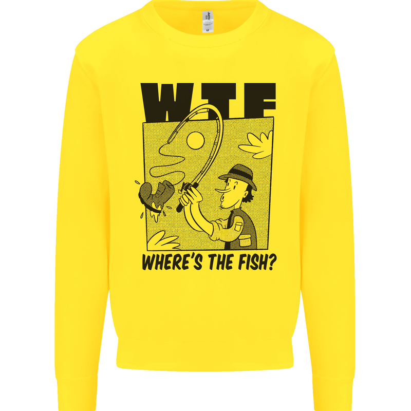 WTF Wheres the Fish Funny Fishing Fisherman Kids Sweatshirt Jumper Yellow