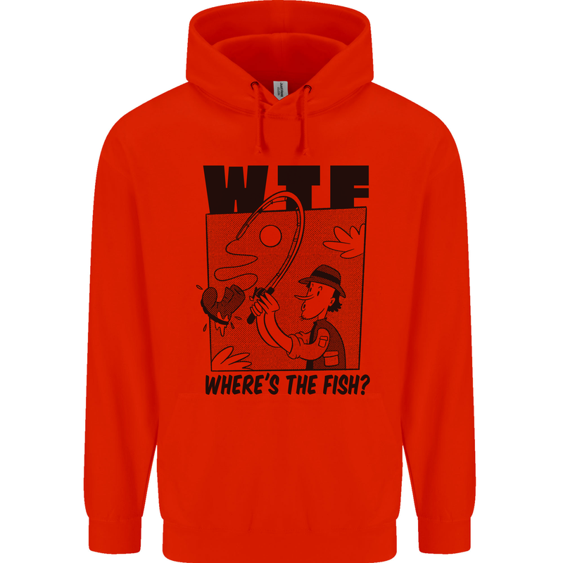 WTF Wheres the Fish Funny Fishing Fisherman Mens 80% Cotton Hoodie Bright Red
