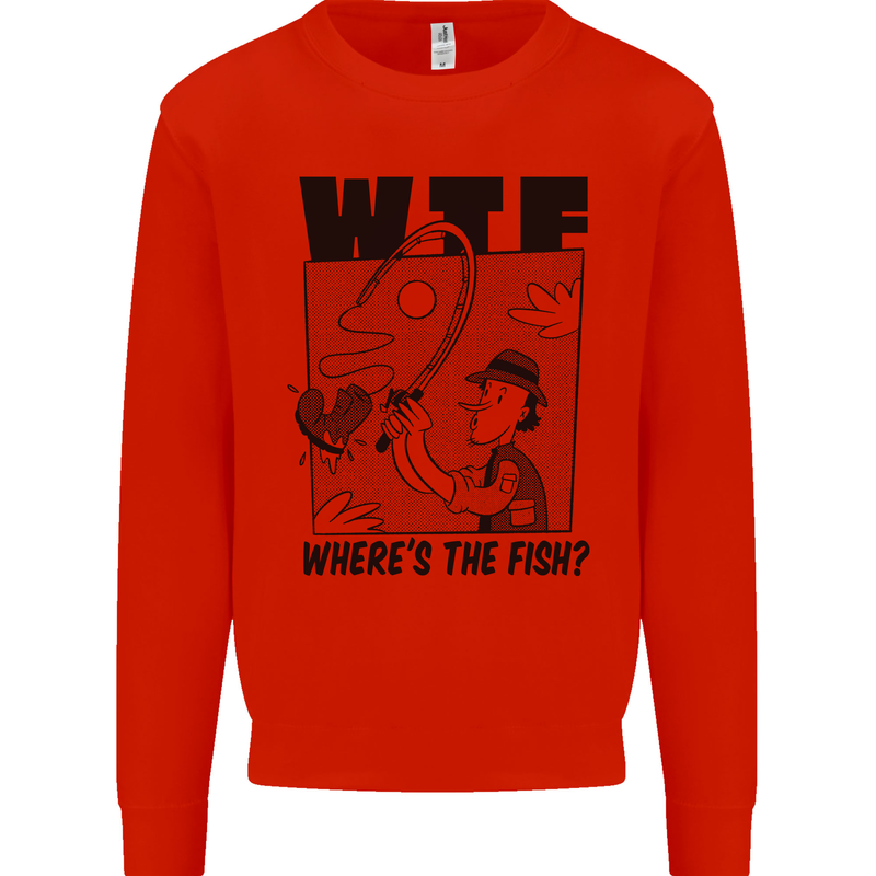 WTF Wheres the Fish Funny Fishing Fisherman Mens Sweatshirt Jumper Bright Red