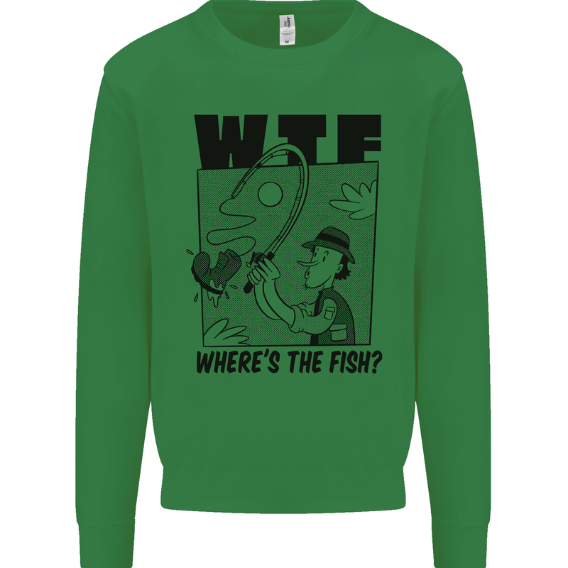 WTF Wheres the Fish Funny Fishing Fisherman Mens Sweatshirt Jumper Irish Green