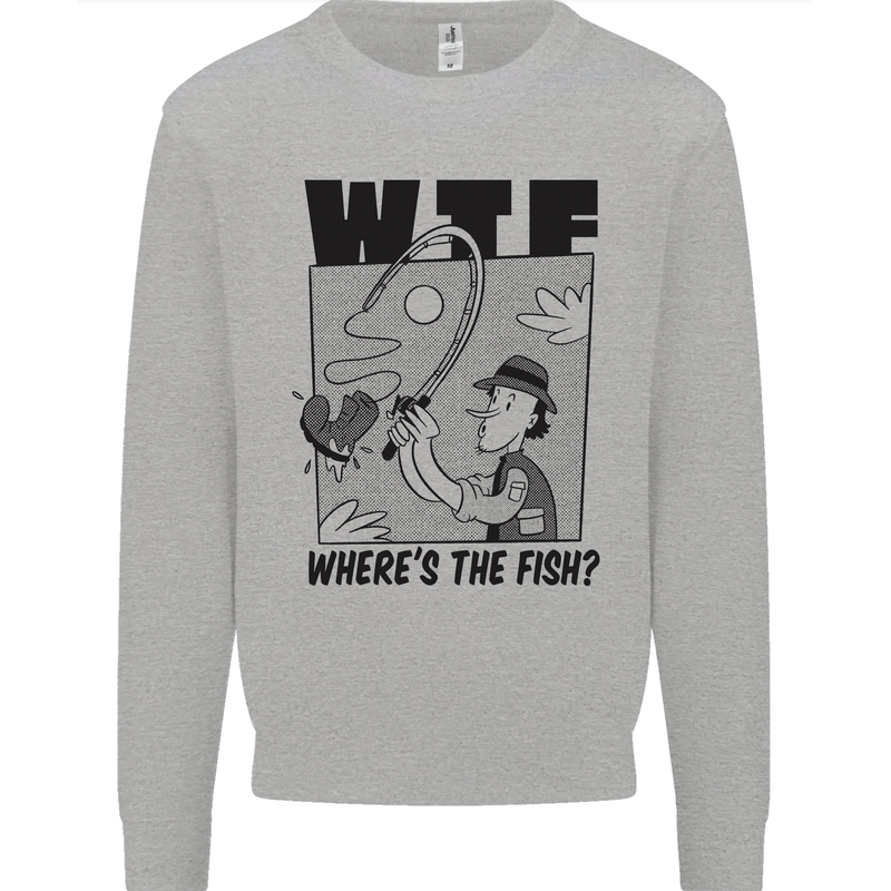 WTF Wheres the Fish Funny Fishing Fisherman Mens Sweatshirt Jumper Sports Grey