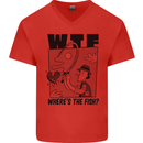 WTF Wheres the Fish Funny Fishing Fisherman Mens V-Neck Cotton T-Shirt Red