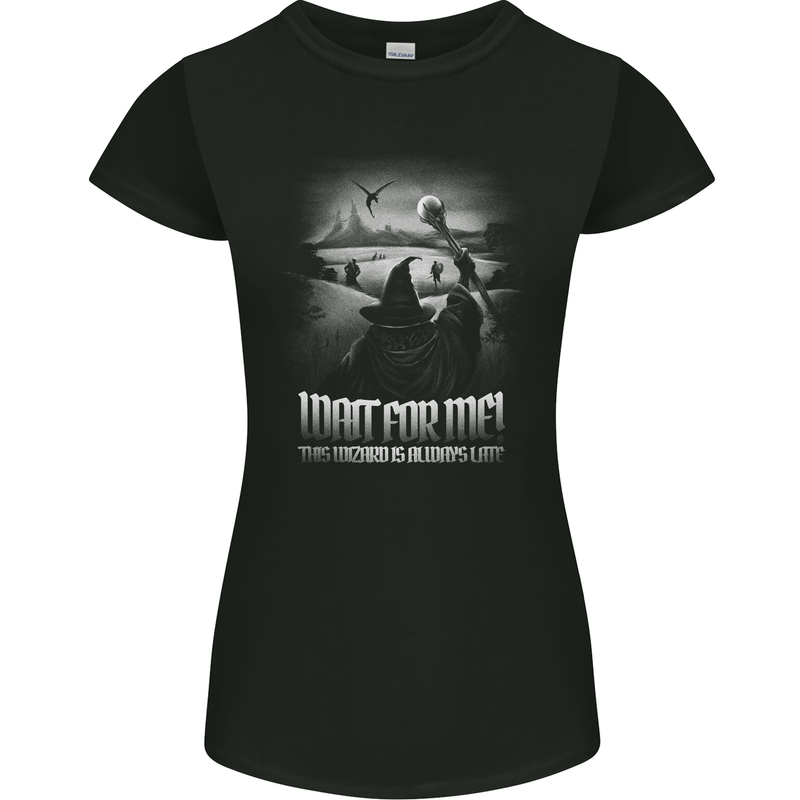 Wait For Me Wizard Always Late Womens Petite Cut T-Shirt Black