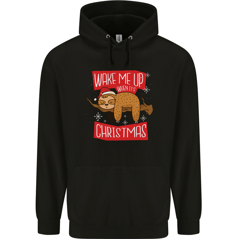 Wake Me Up When It's Christmas Funny Sloth Xmas Mens 80% Cotton Hoodie Black
