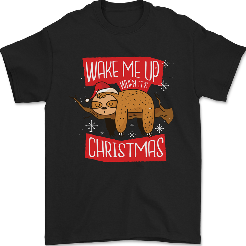 Wake Me Up When It's Christmas Funny Sloth Xmas Mens T-Shirt 100% Cotton Black