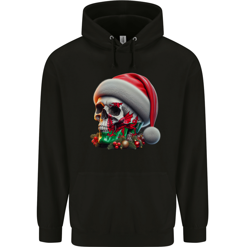 Wales Christmas Skull Xmas Welsh Flag Rugby Childrens Kids Hoodie Black