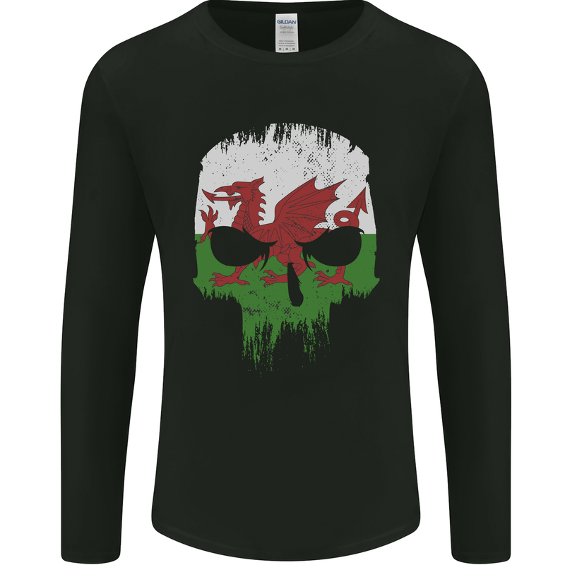Wales Skull Welsh Gym Biker Flag Mens Long Sleeve T-Shirt Black